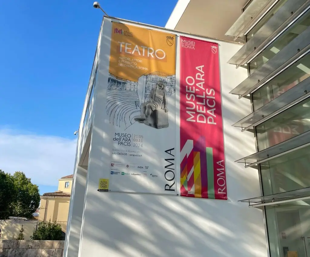 Ara Pacis Exterior with exhibition poster